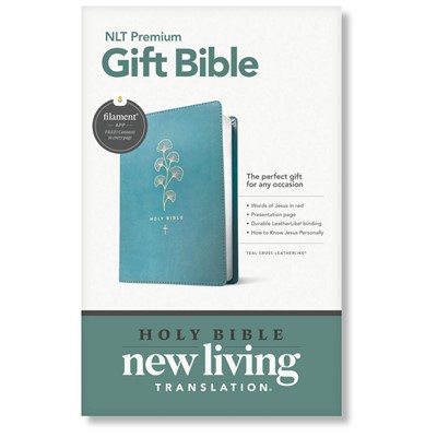 Premium Gift Bible NLT, Filament Enabled, LeatherLike, Teal Cross, Red Letter