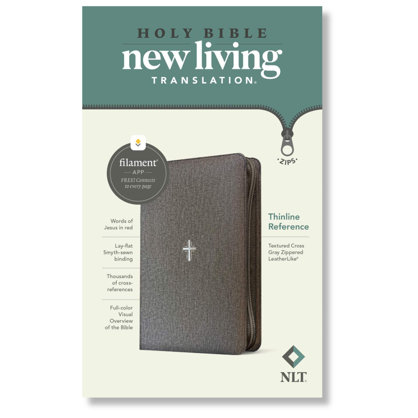 NLT Thinline Reference Zipper Bible, Filament Enabled, LeatherLike, Textured Cross Gray, Red Letter