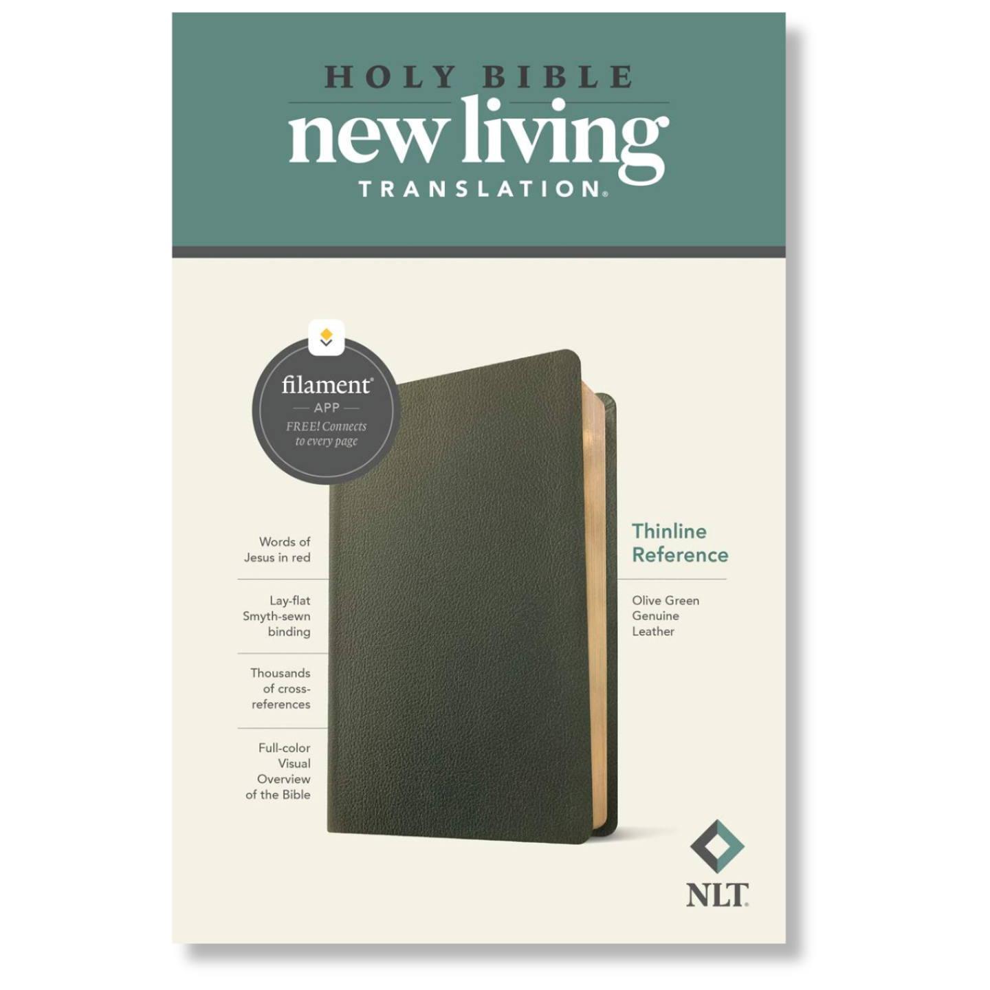 NLT Thinline Reference Bible, Filament Enabled, Genuine Leather, Olive Green, Red Letter