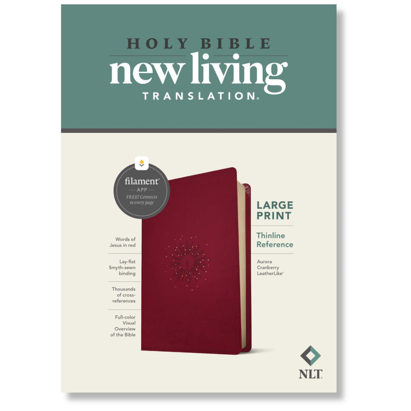 NLT Large Print Thinline Reference Bible, Filament Enabled, LeatherLike, Aurora Cranberry, Red Letter