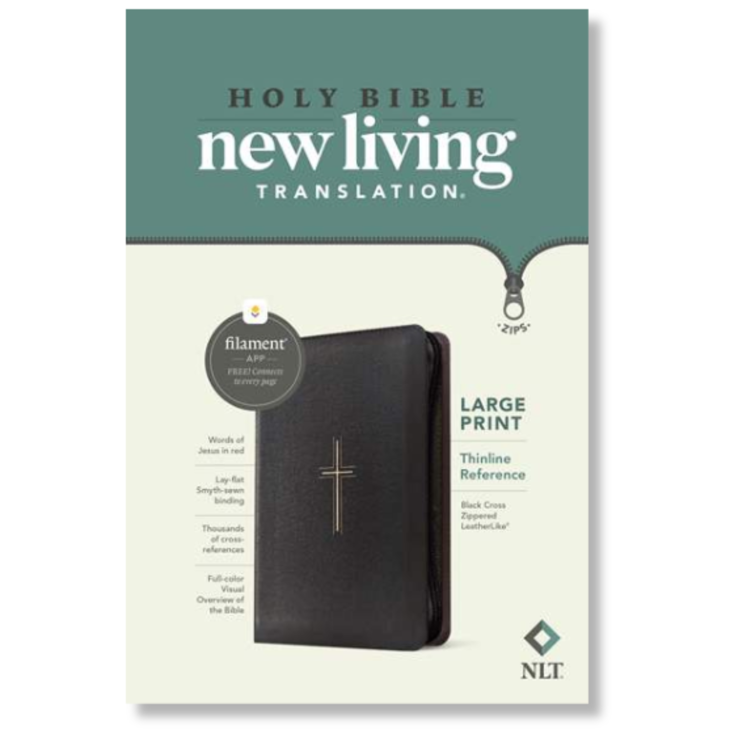 NLT Large Print Thinline Reference Zipper Bible, Filament Enabled, LeatherLike, Black Cross, Red Letter