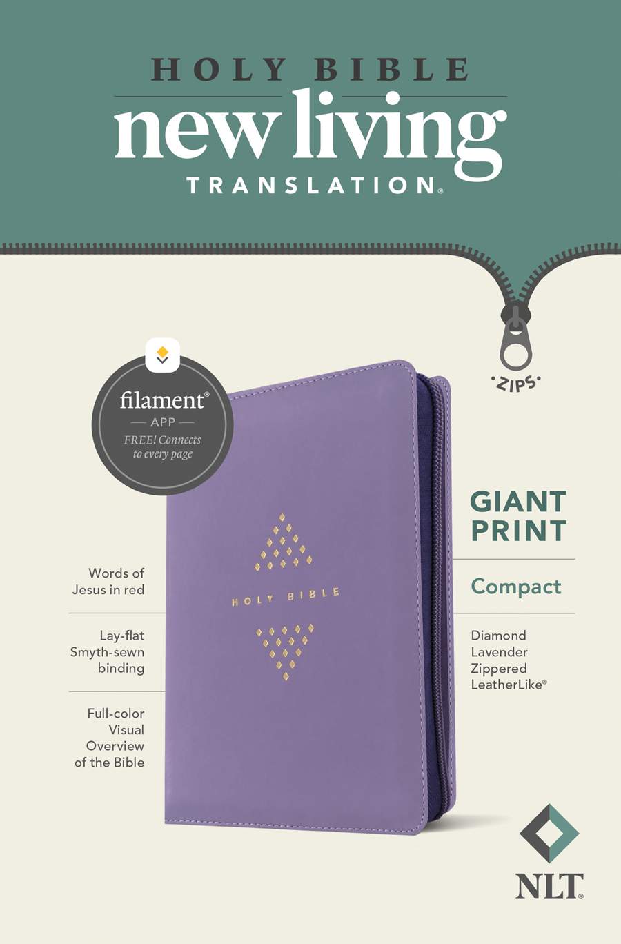 NLT Compact Giant Print Zipper Bible, Filament Enabled, Diamond Lavender, Red Letter, LeatherLike